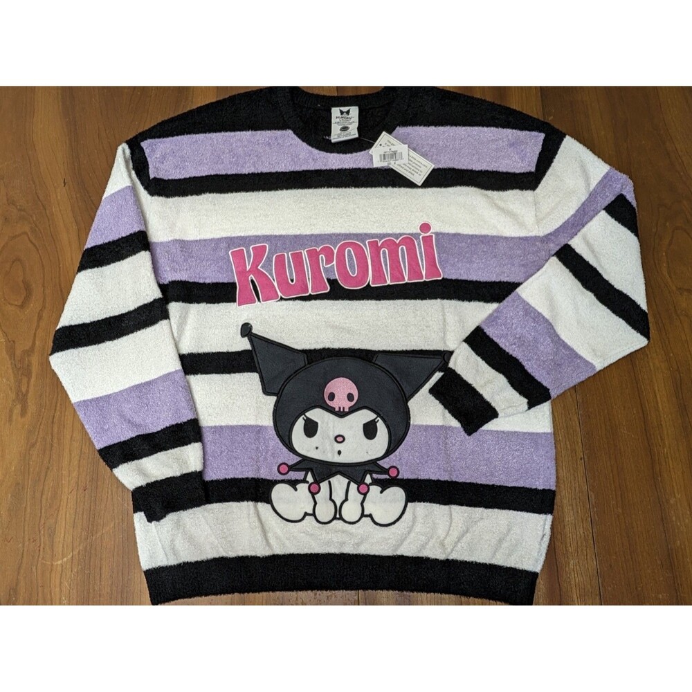 NEW Sanrio Kuromi Sweater 2024 Medium Fuzzy Felt Embroidered Graphic Striped M
